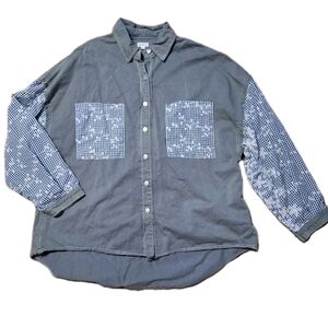 POL Large Sage Green Button Up Shirt Embroidered Floral Boho Cottage Festival